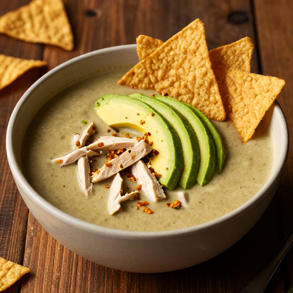 Bowl of Southwest Chicken Soup with avocado and tortilla strips on a rustic table