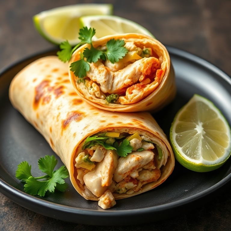 Plated easy southwest chicken wrap cut diagonally, showing filling layers, garnished with fresh cilantro and lime wedge, on a dark ceramic plate