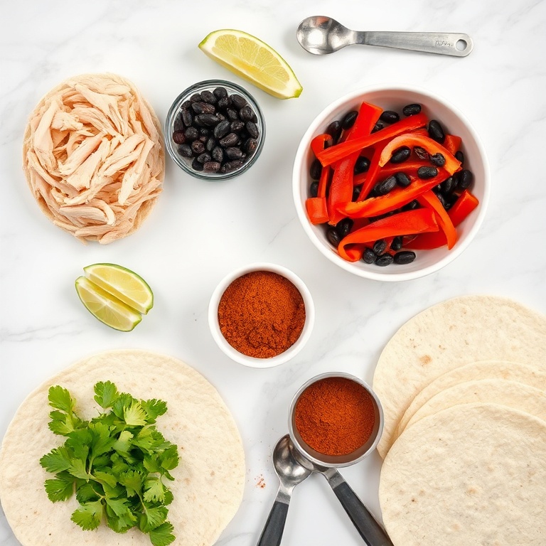 Overhead flat lay of shredded cooked chicken, black beans, corn kernels, red bell pepper strips, avocado slices, lime wedges, tortillas, and spices in small prep bowls on white marble