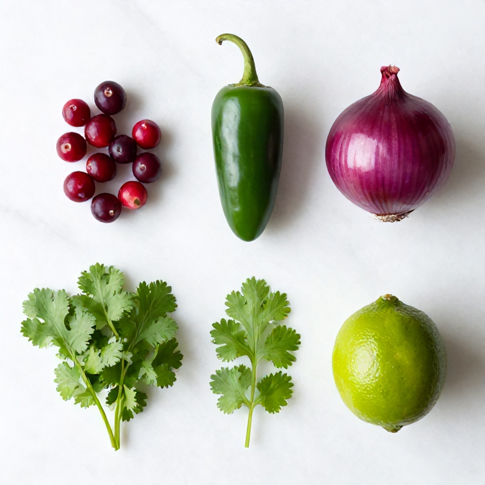 Cranberries, jalapeño, red onion, cilantro, lime on a white marble surface