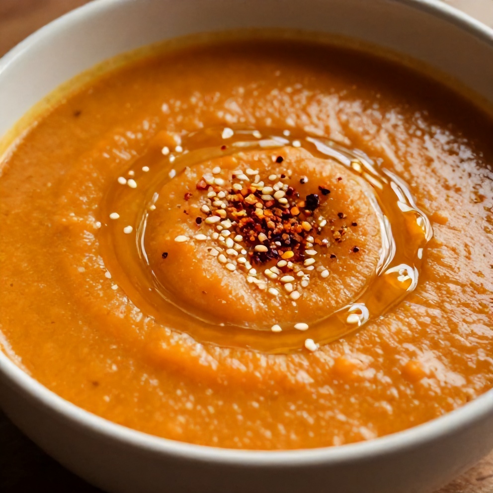 One serving of Spicy Miso Carrot Soup plated with a drizzle of sesame oil
