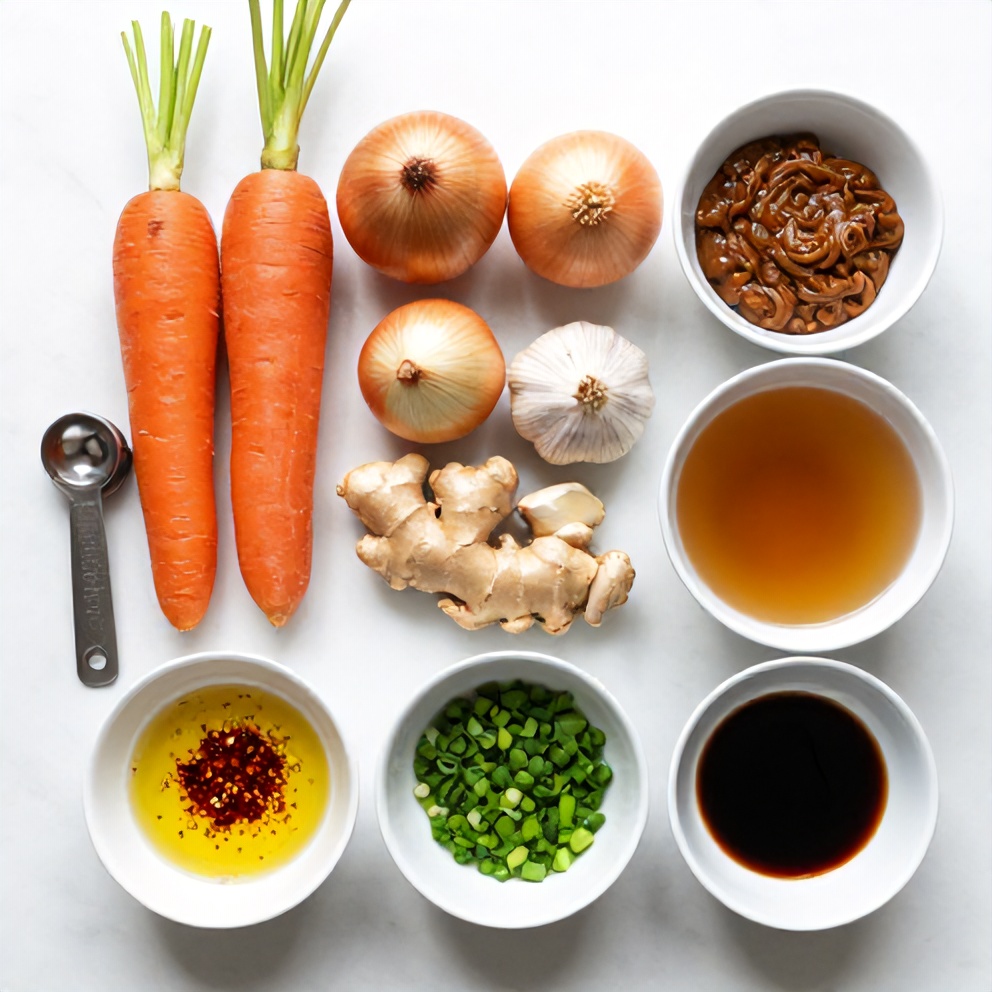 Raw ingredients for Spicy Miso Carrot Soup arranged in a flat lay