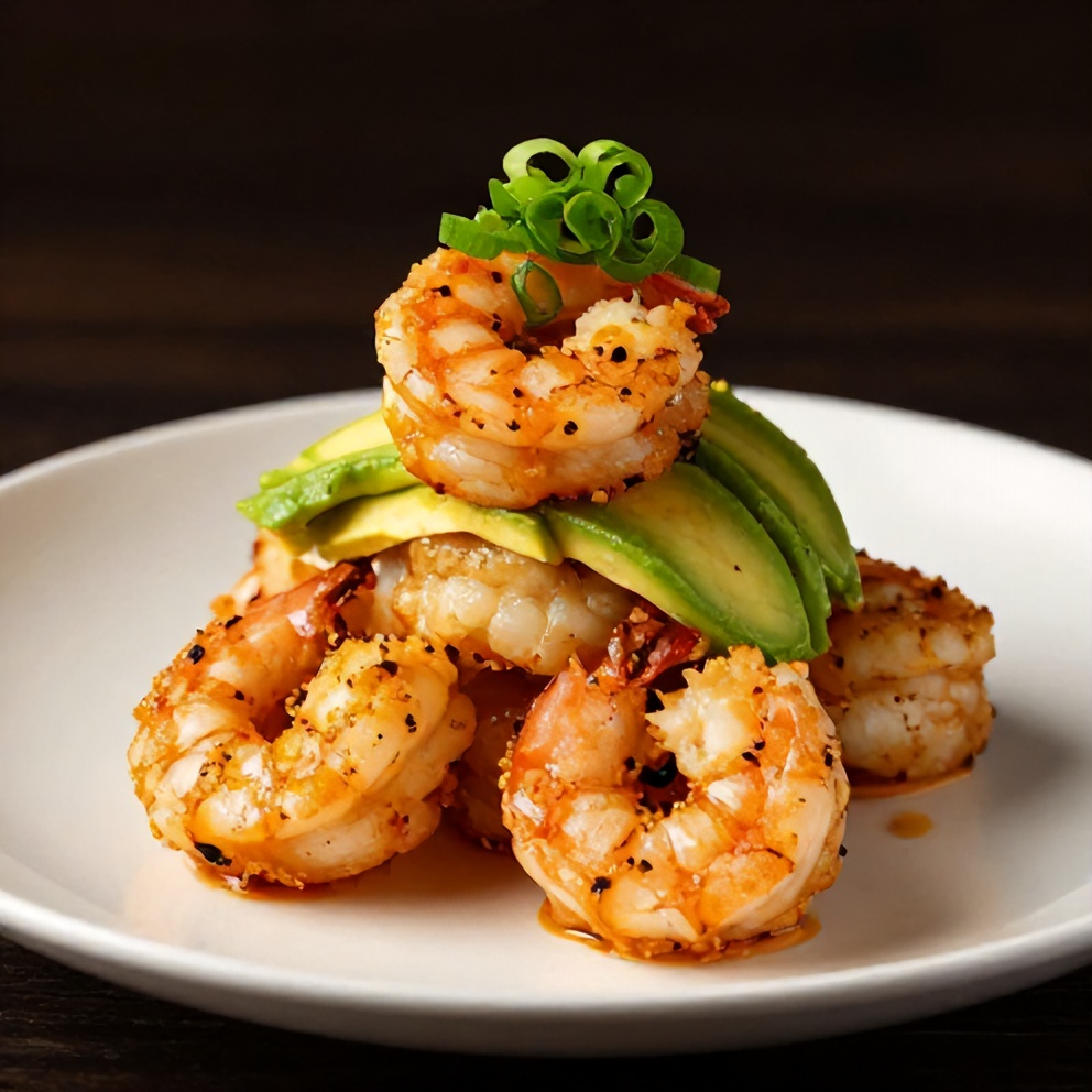 Plated Easy Spicy Shrimp Sushi Stacks with a garnish of green onions
