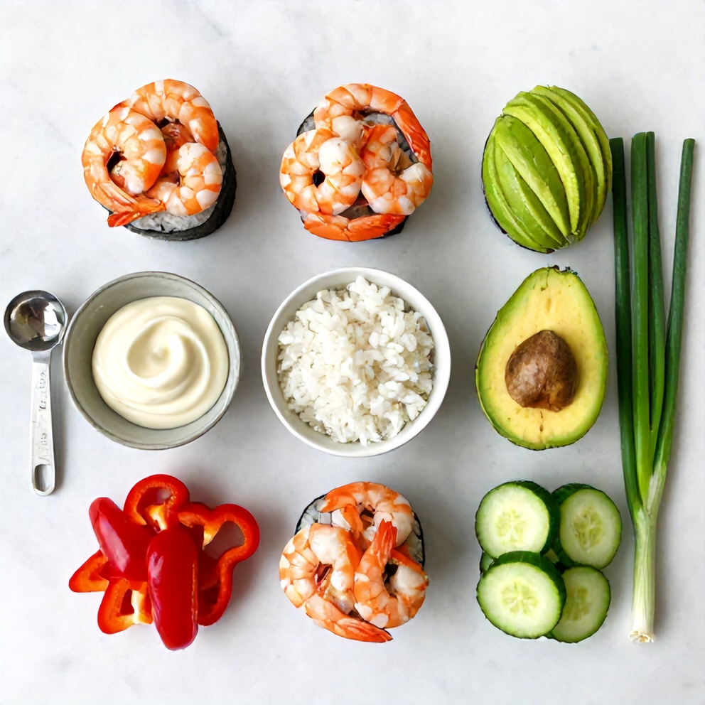 Raw ingredients for Easy Spicy Shrimp Sushi Stacks on a white marble surface