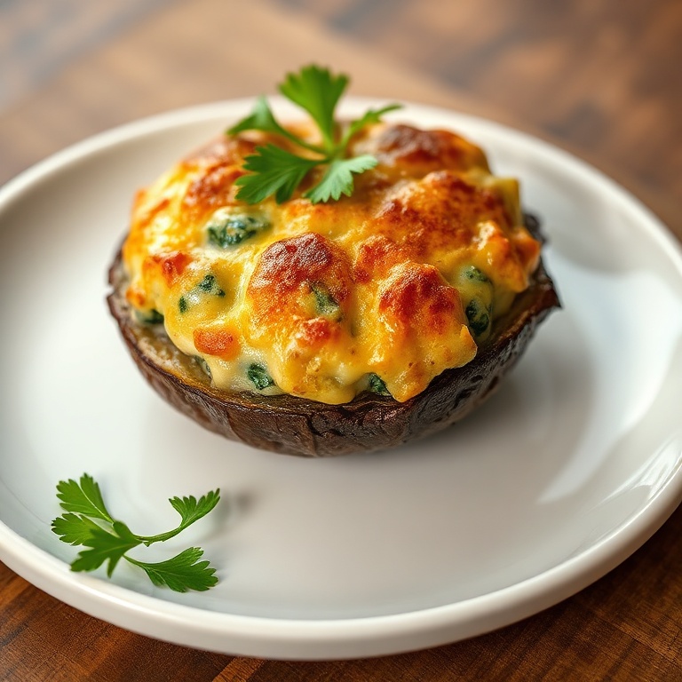 One golden stuffed portobello mushroom on a white ceramic plate, garnished with fresh parsley leaves.