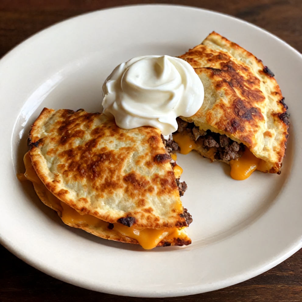 Plated Steak Cheese Quesadillas with sour cream