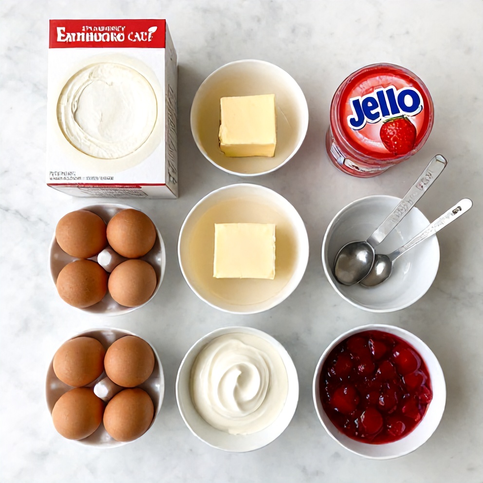 Strawberry Earthquake Cake ingredients on a marble counter