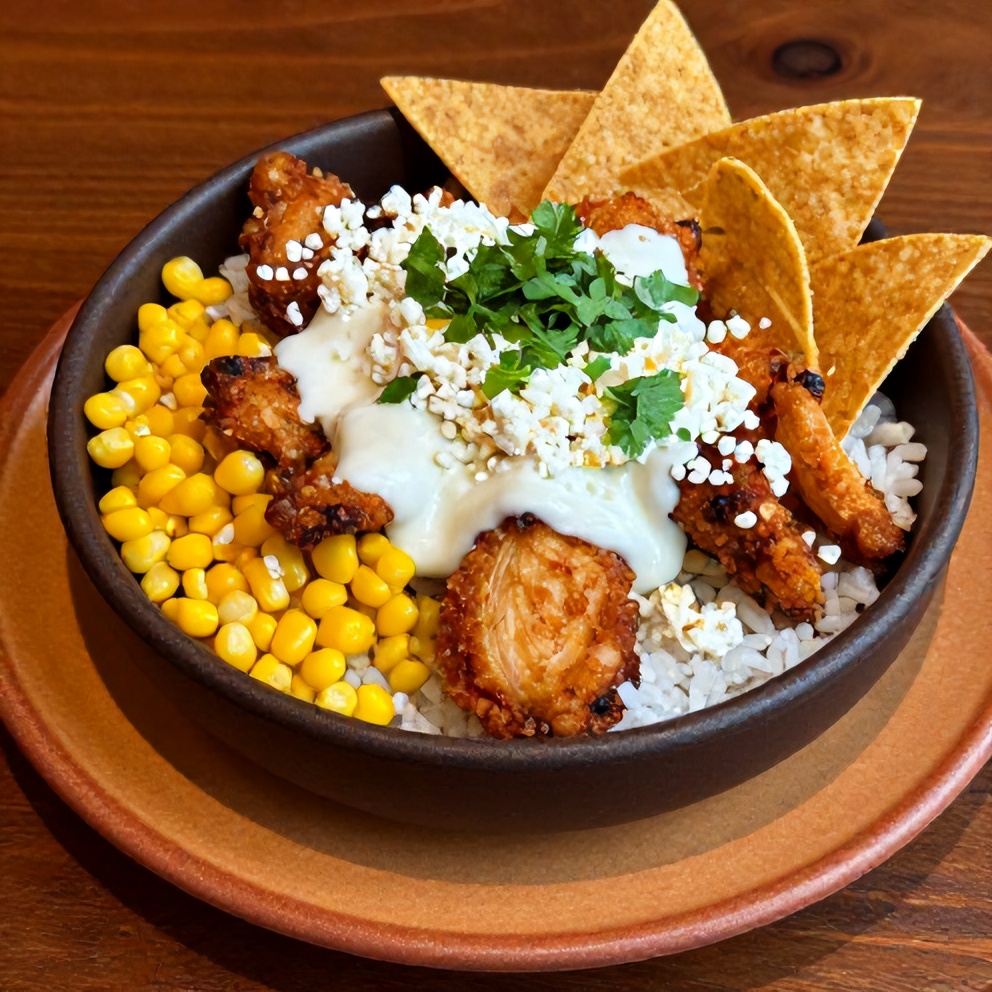 Plated Street Corn Chicken Bowl with Rice