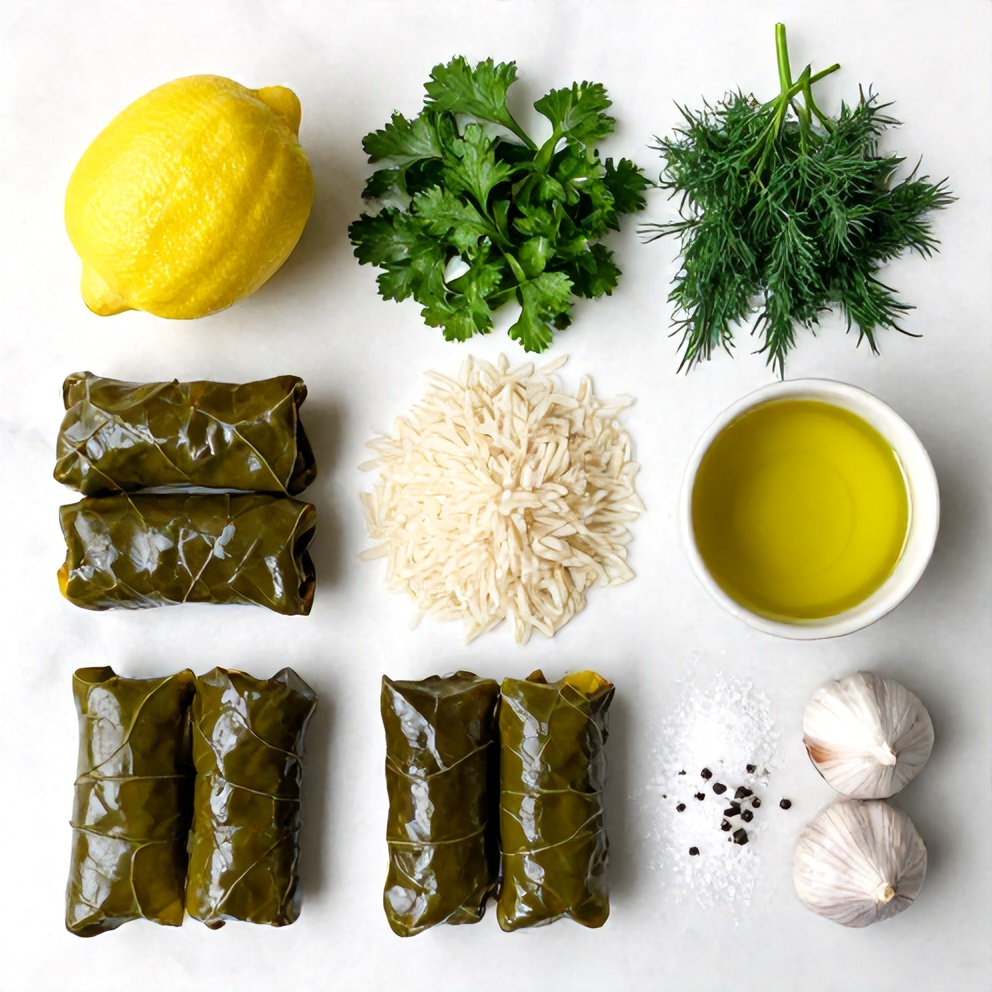 Grape Leaves, Rice, Herbs, and Other Ingredients