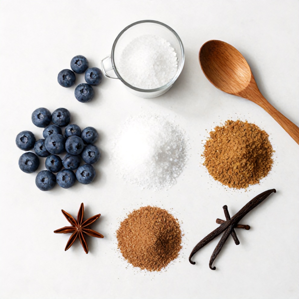 Ingredients for sugar free blueberry syrup laid out