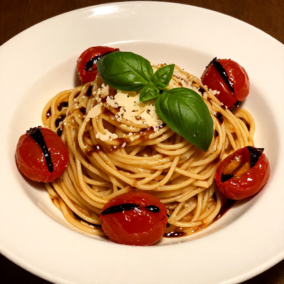 Plated serving of Easy Summer Pasta with Roasted Cherry Tomatoes and Basil