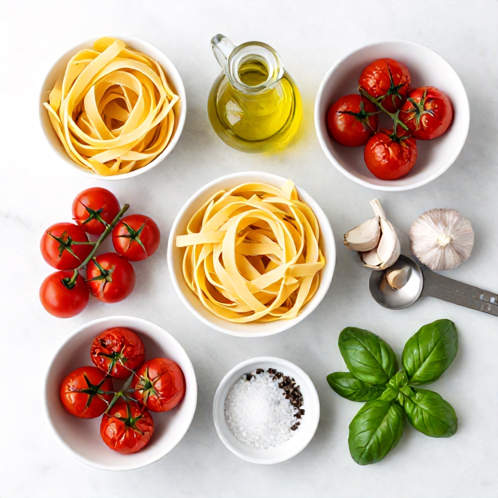 Raw ingredients for Easy Summer Pasta with Roasted Cherry Tomatoes and Basil