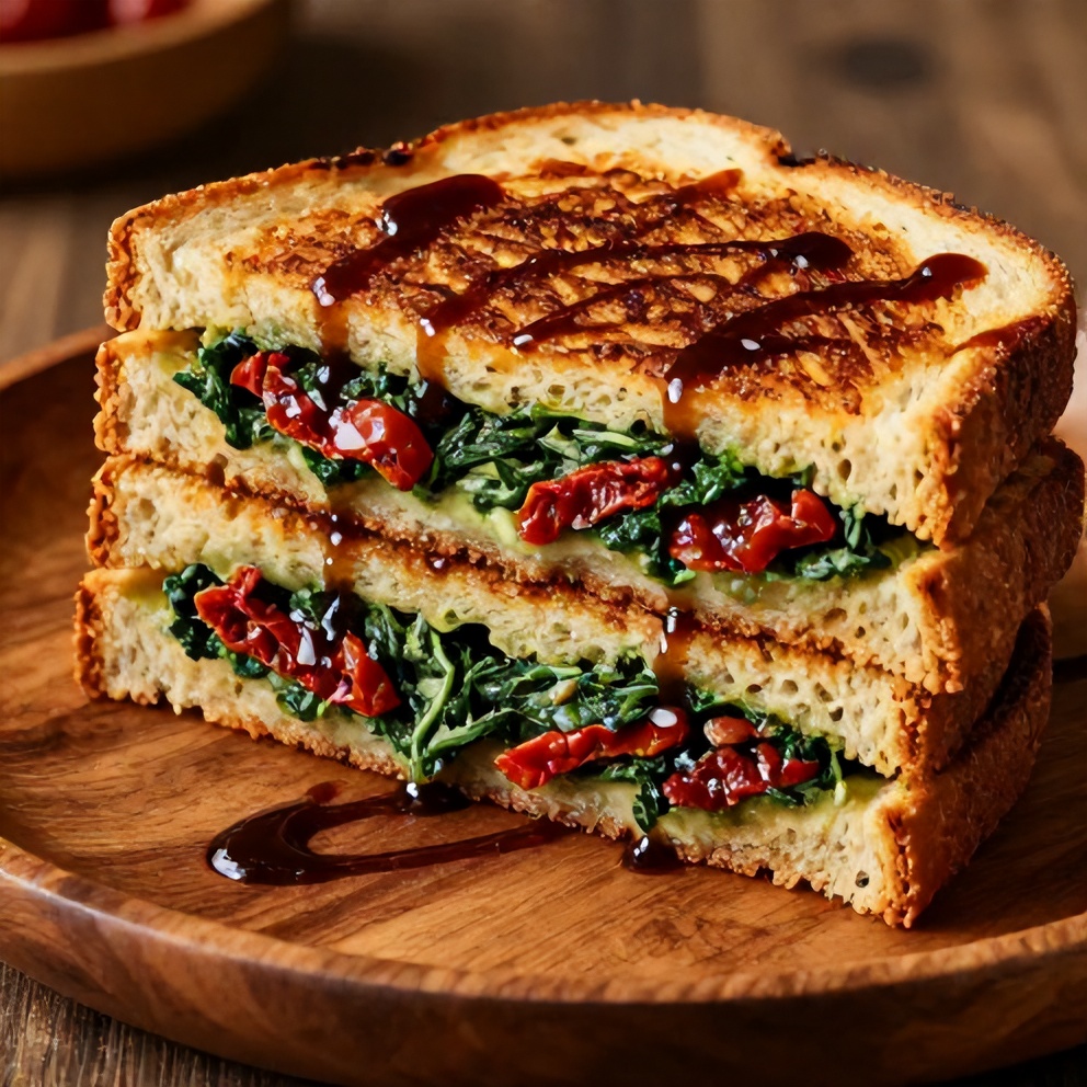 Sun-Dried Tomato Spinach Grilled Cheese on a rustic plate