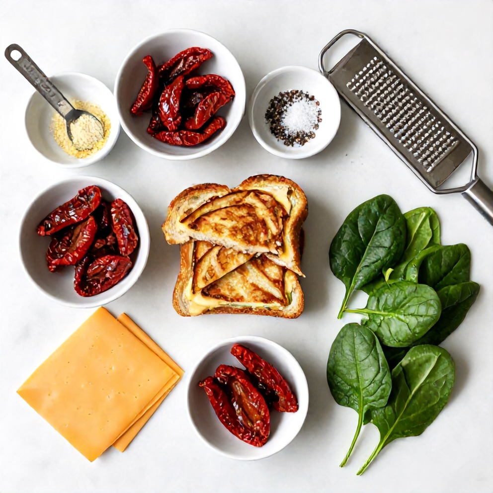 Raw ingredients for Sun-Dried Tomato Spinach Grilled Cheese on a marble surface