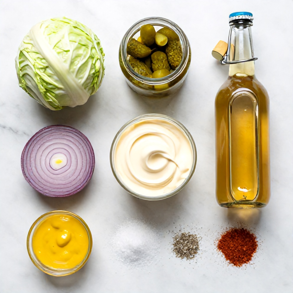 Ingredients for Sweet and Spicy Pickle Slaw on a marble surface