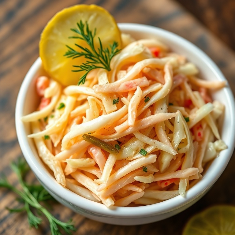 One serving of sweet and spicy pickle slaw plated in a white ceramic shallow bowl, garnished with fresh dill sprigs and a single dill pickle chip. Crisp texture visible. Warm side light highlights gloss and color contrast.