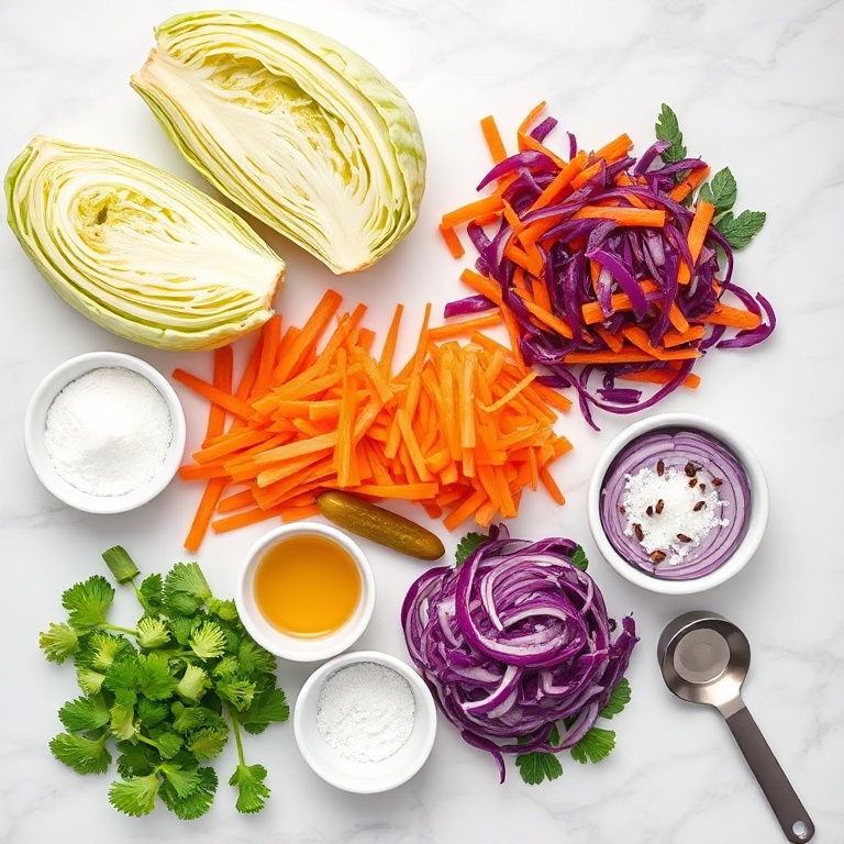 Overhead flat lay of raw ingredients: green cabbage, purple cabbage, shredded carrots, dill pickle spears, red onion, plus small bowls of sugar, apple cider vinegar, mustard seeds, red pepper flakes, and kosher salt on white marble.