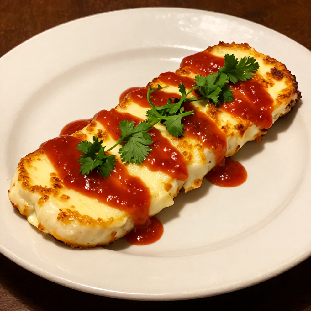 Plated halloumi wraps with sweet chili sauce drizzle