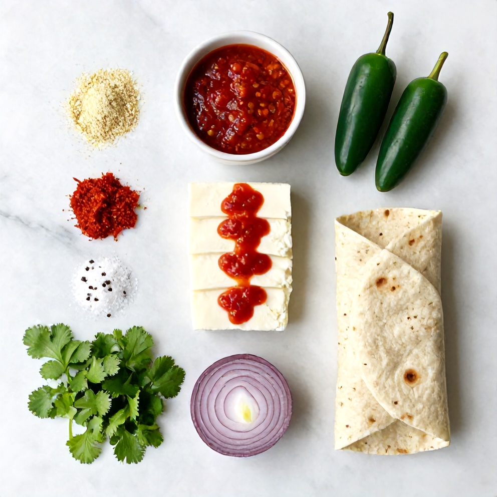 Halloumi, sweet chili sauce, tortillas, and other ingredients laid out