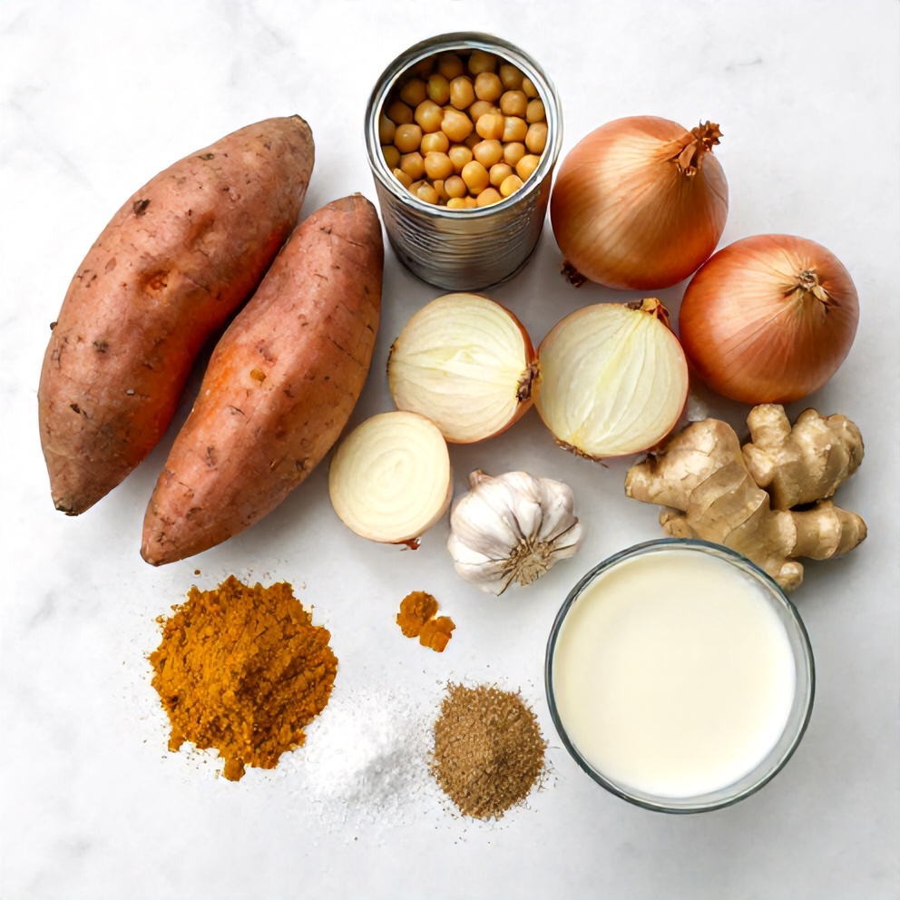 Ingredients for Easy Sweet Potato Chickpea Curry laid out