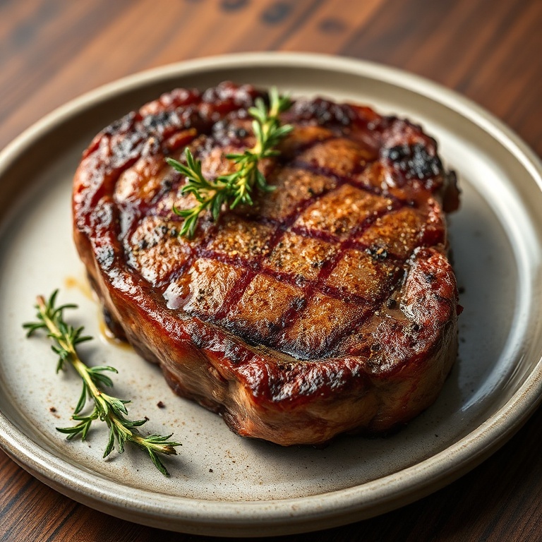Plated grilled ribeye steak with visible seasoning crust, garnished with fresh thyme sprigs, on rustic stoneware plate, warm side lighting highlighting crust texture