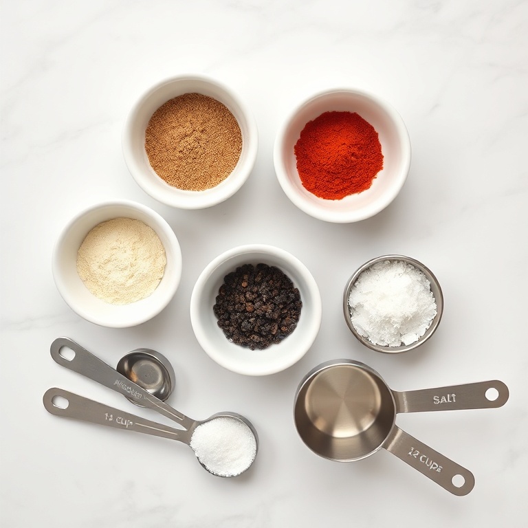 Overhead flat lay of garlic powder, onion powder, smoked paprika, black pepper, kosher salt, small prep bowls, stainless steel measuring spoons, white marble surface