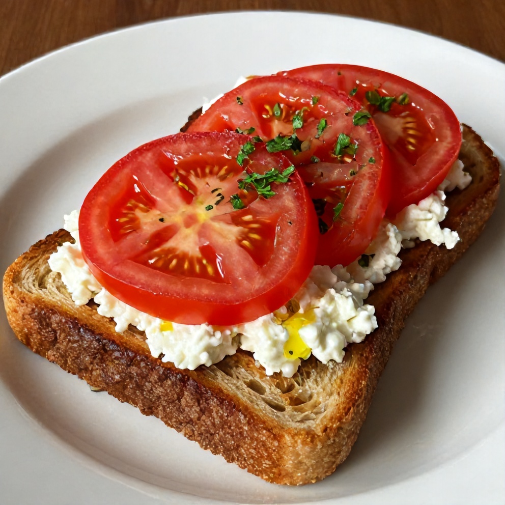 Plated Tomato Cottage Cheese Toast with a sprinkle of parsley