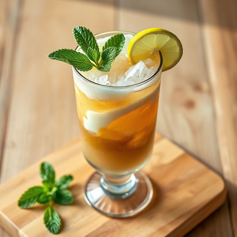 Tropical banana rum cocktail in a tall hurricane glass with crushed ice, lime wheel and mint sprig garnish, golden banana-coconut layer visible, light catching condensation