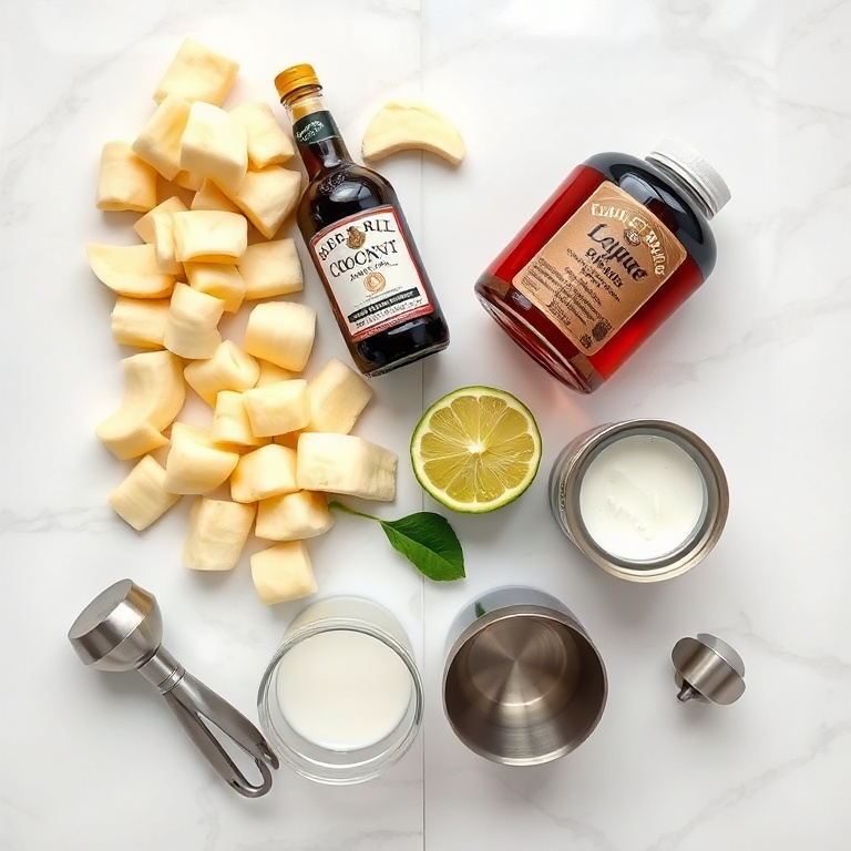 Overhead flat lay of ripe bananas, dark rum bottle, coconut milk carton, fresh lime, simple syrup in small jar, plus measuring cup, jigger, and cocktail shaker on white marble
