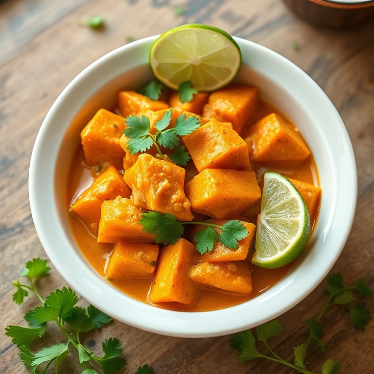 One deep ceramic bowl filled with easy vegan coconut curry with sweet potatoes and veggies. Garnished with fresh cilantro leaves and lime wedge. Steam rising subtly. Warm side lighting highlights creamy sauce texture and tender sweet potato edges.