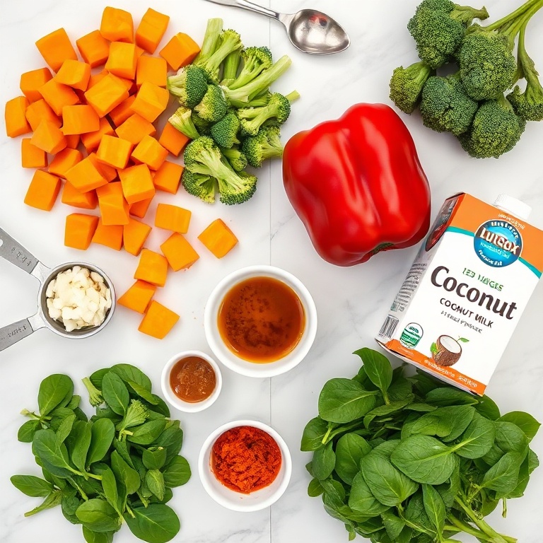 Overhead flat lay of raw ingredients: orange sweet potatoes cubed, red bell pepper strips, broccoli florets, fresh spinach leaves, and full coconut milk carton. Small prep bowls hold minced garlic, grated ginger, and red curry paste. Measuring spoons and cups sit nearby on white marble.