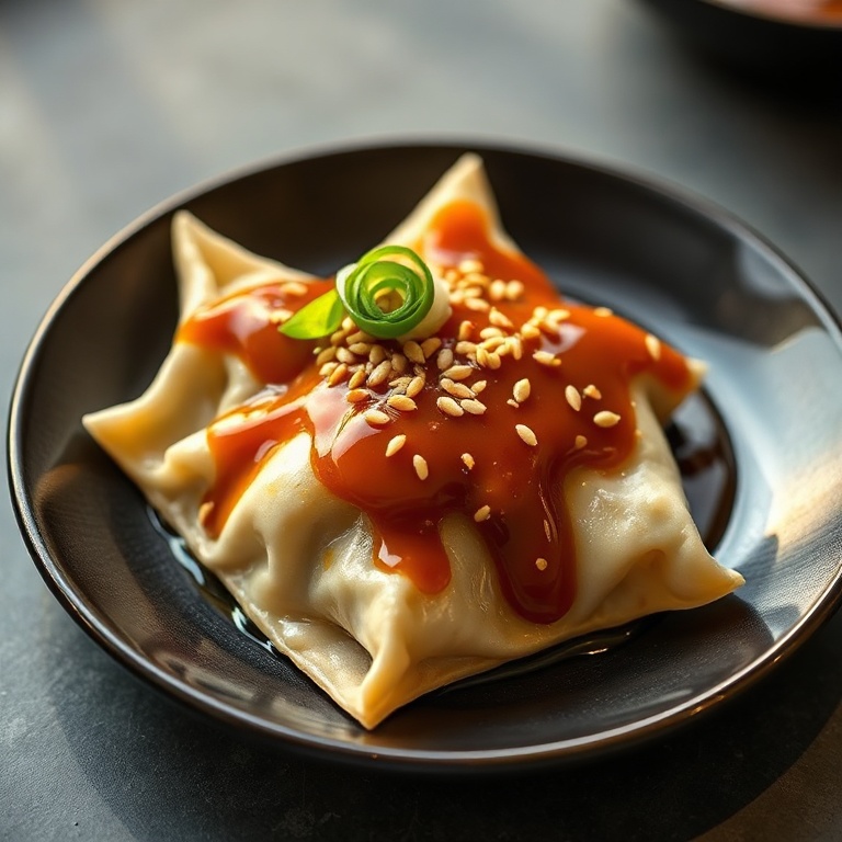 Single plated vegan gyoza on black ceramic dish, glazed with amber teriyaki ginger sauce, garnished with toasted sesame seeds and scallion rings, warm lighting highlighting crisp bottom edges.