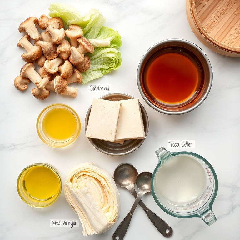 Overhead flat lay of vegan gyoza ingredients: shiitake mushrooms, napa cabbage, firm tofu, rice vinegar, and toasted sesame oil in small prep bowls with bamboo steamer, measuring spoons, and glass cup on white marble.