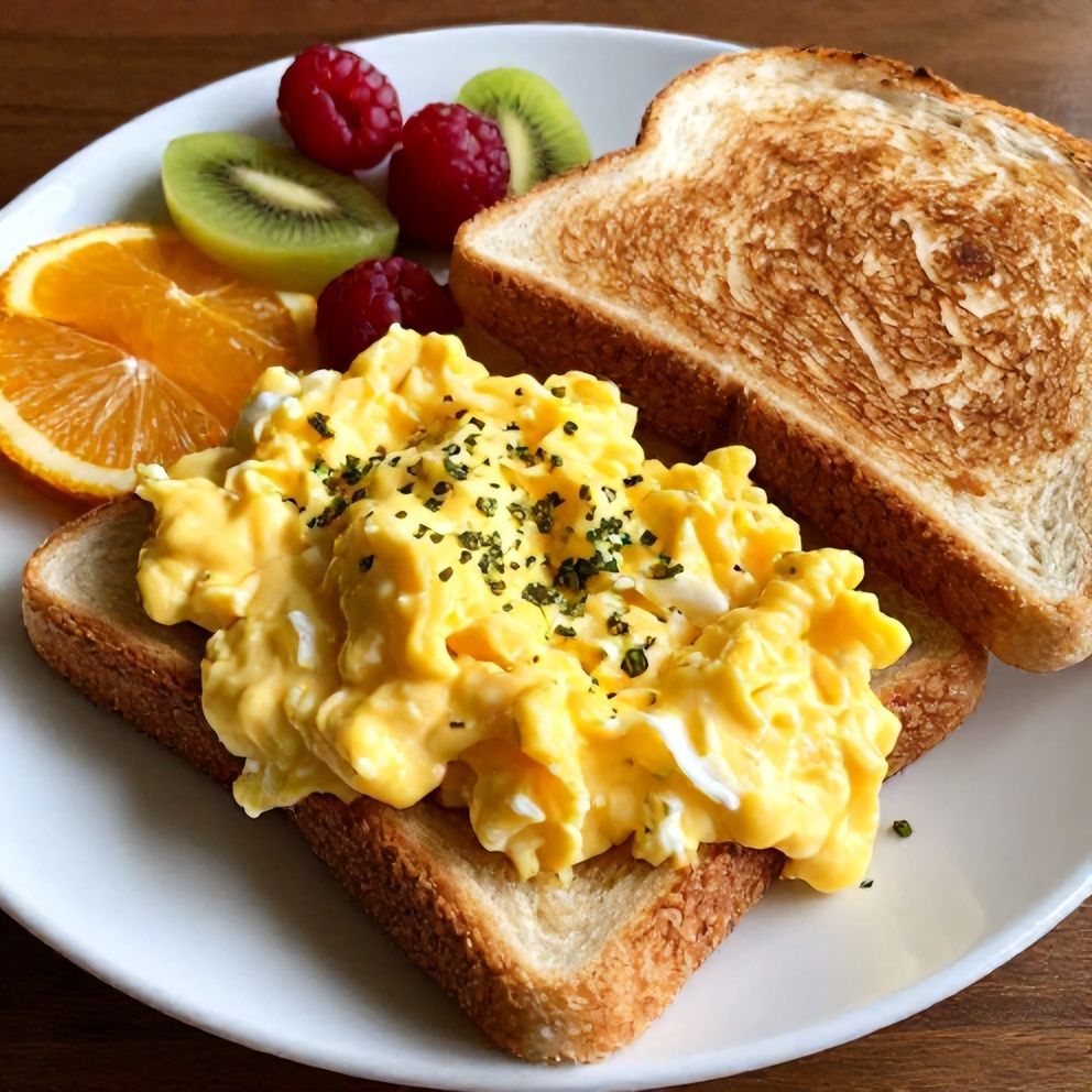Veggie scrambled eggs on toast plated with fresh herbs