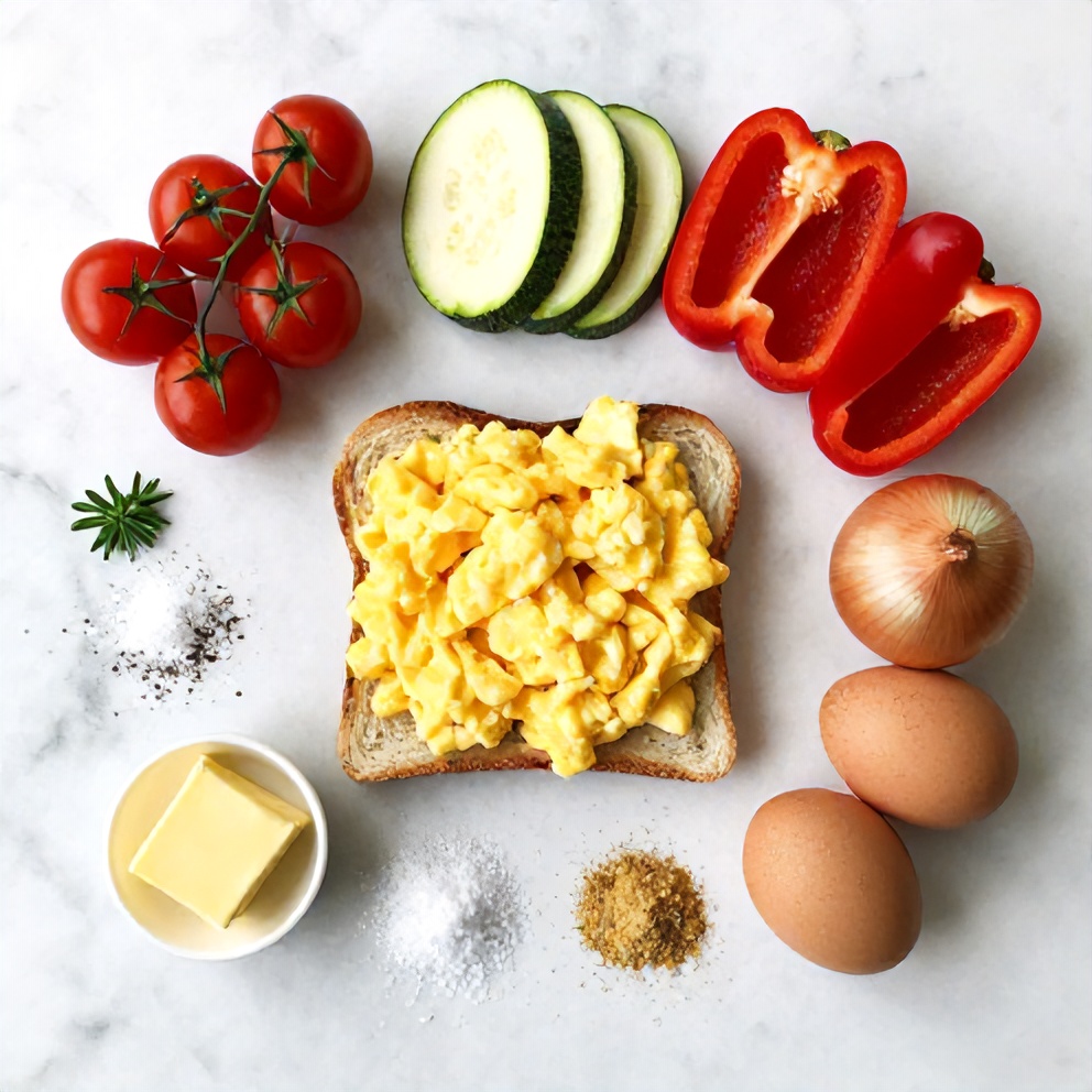 Raw ingredients for veggie scrambled eggs on toast