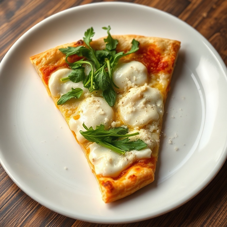 Plated slice of white pizza with arugula, garlic oil drizzle, and grated Parmesan on a white stoneware plate