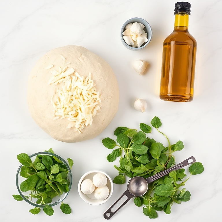 Raw ingredients for easy white pizza: pizza dough, whole milk mozzarella, fresh arugula, garlic, and extra virgin olive oil