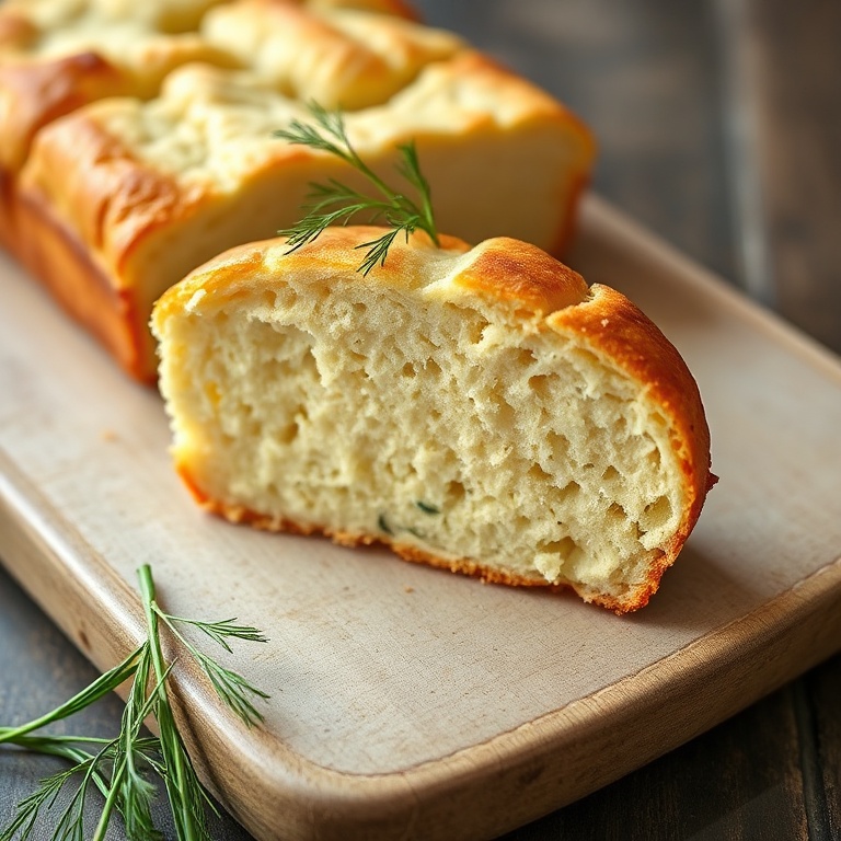 Slice of zero carb yogurt bread on rustic wooden board garnished with fresh dill sprigs, cut side facing camera showing dense crumb and golden crust