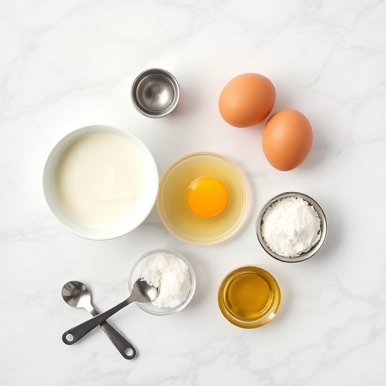 Overhead flat lay of plain full-fat Greek yogurt, baking powder, eggs, salt, and almond flour in small prep bowls with stainless steel measuring spoons on white marble