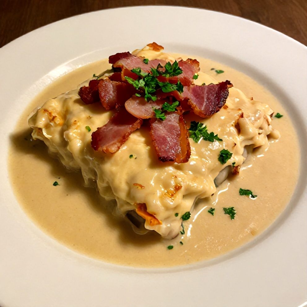 A serving of Zuppa Toscana Casserole on a plate with garlic bread