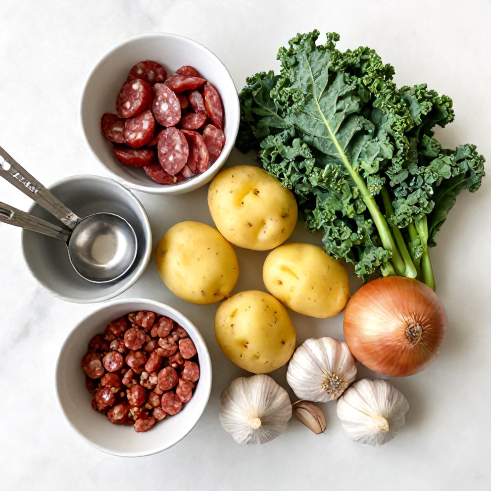 Raw ingredients for Zuppa Toscana Casserole on a marble surface