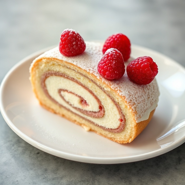 Plated slice of fluffy Japanese cotton candy Swiss cake roll on white ceramic plate, garnished with fresh raspberries and light dusting of powdered sugar