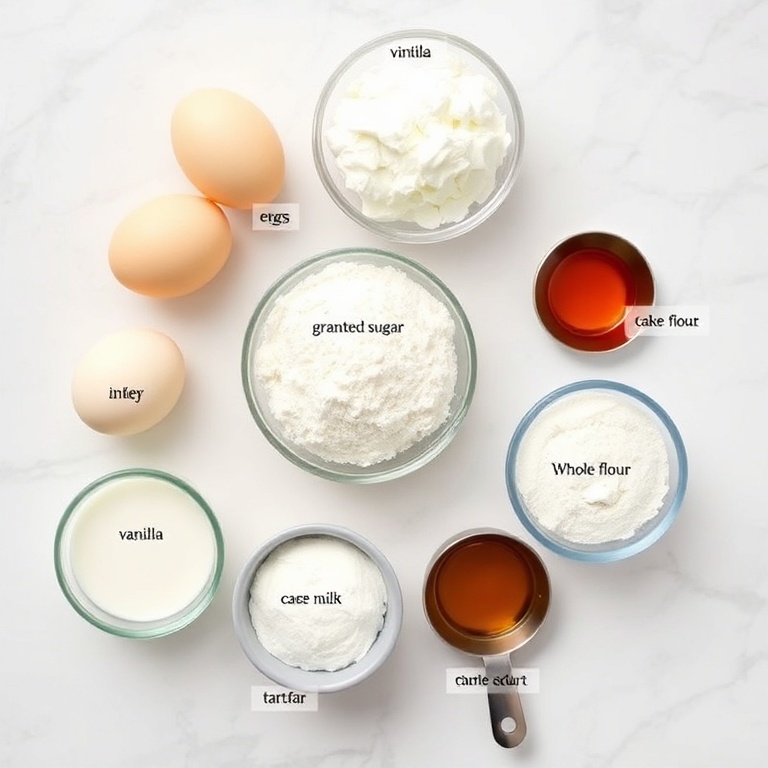 Raw ingredients for fluffy Japanese cotton candy Swiss cake roll: eggs, cake flour, granulated sugar, whole milk, unsalted butter, vanilla extract, and powdered sugar