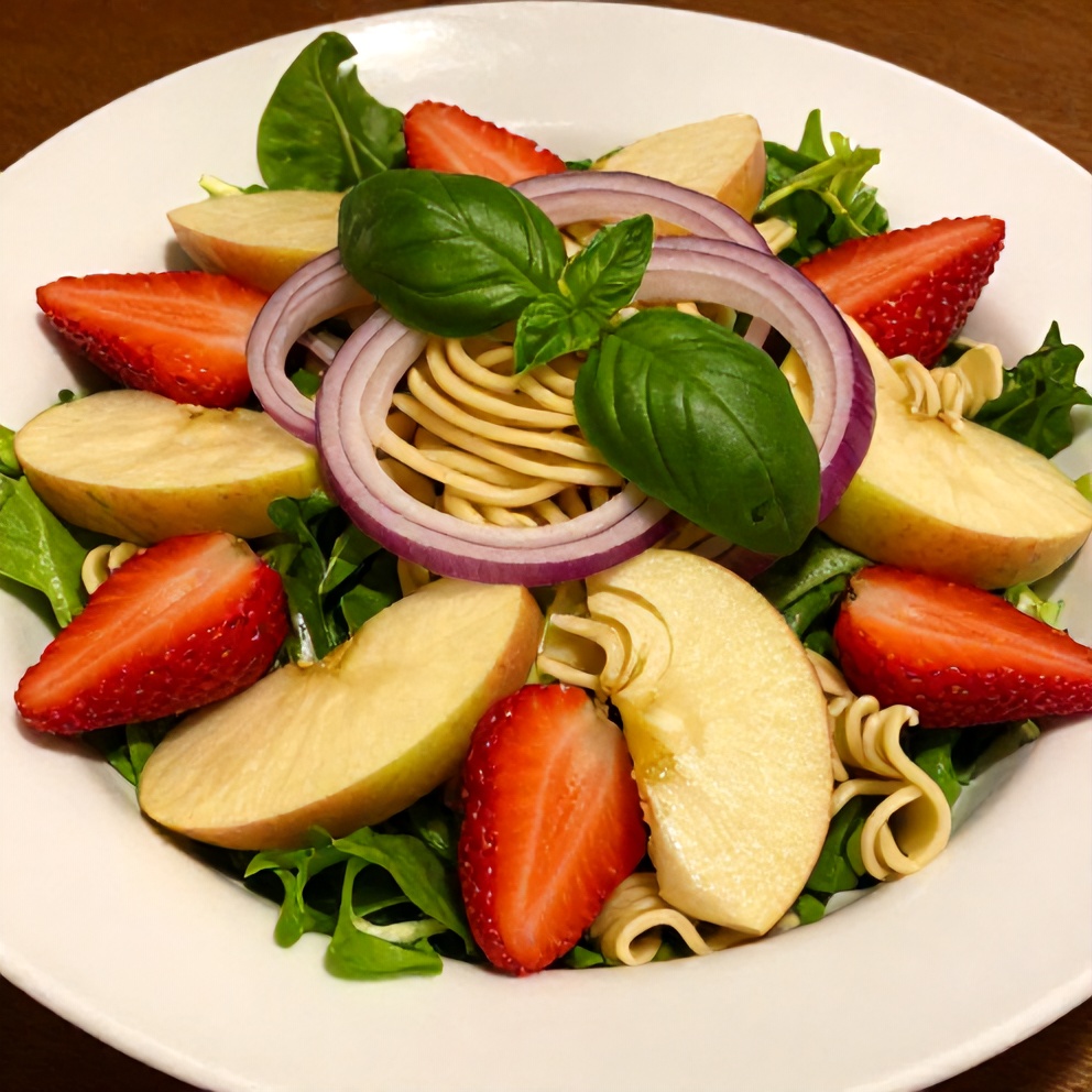 Plated Apple Strawberry Tortellini Salad with fresh basil