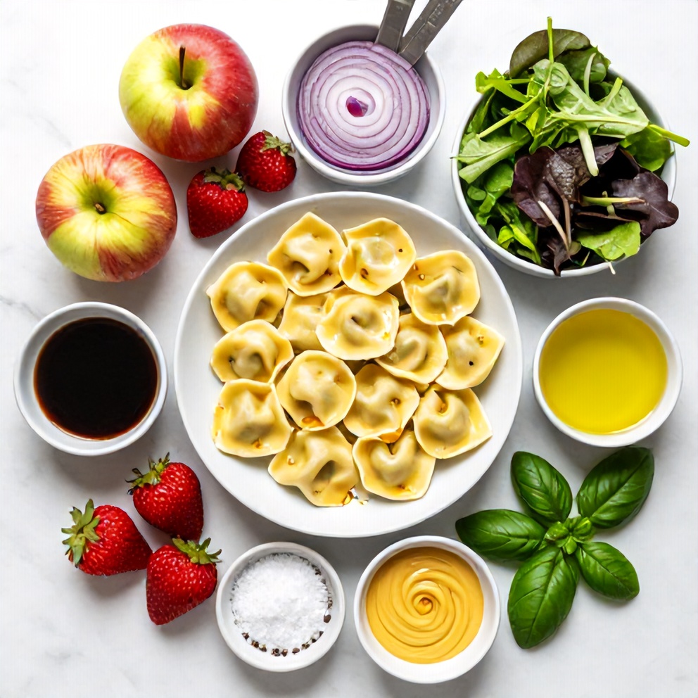 Apple Strawberry Tortellini Salad ingredients on a marble counter
