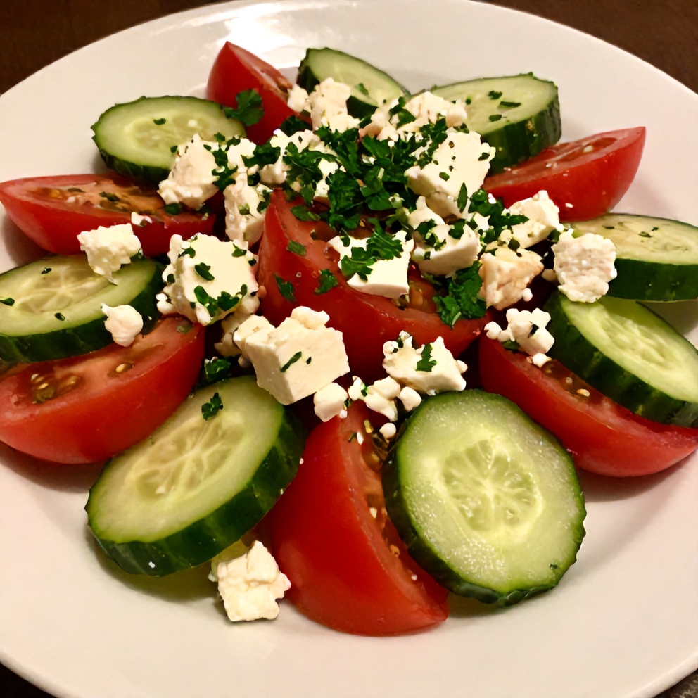 Plated serving of fresh cucumber tomato feta salad with a sprinkle of fresh parsley