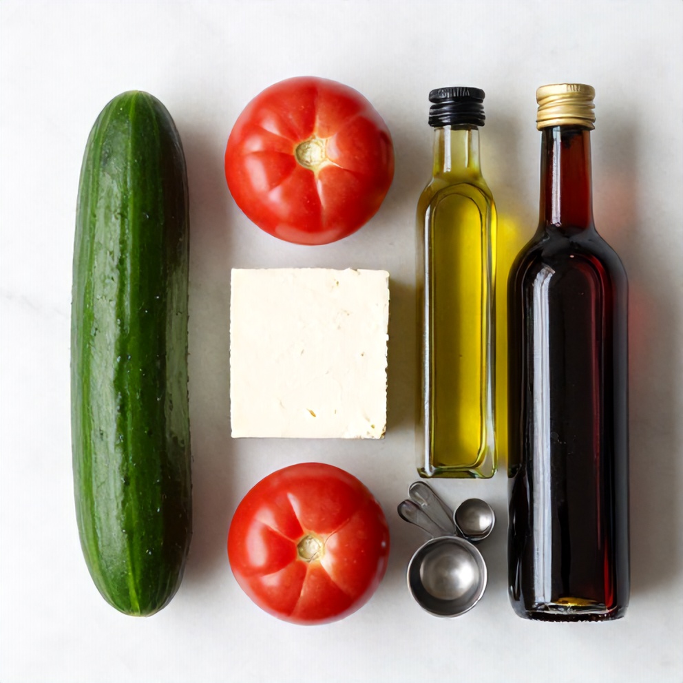 Raw ingredients for fresh cucumber tomato feta salad on a marble surface