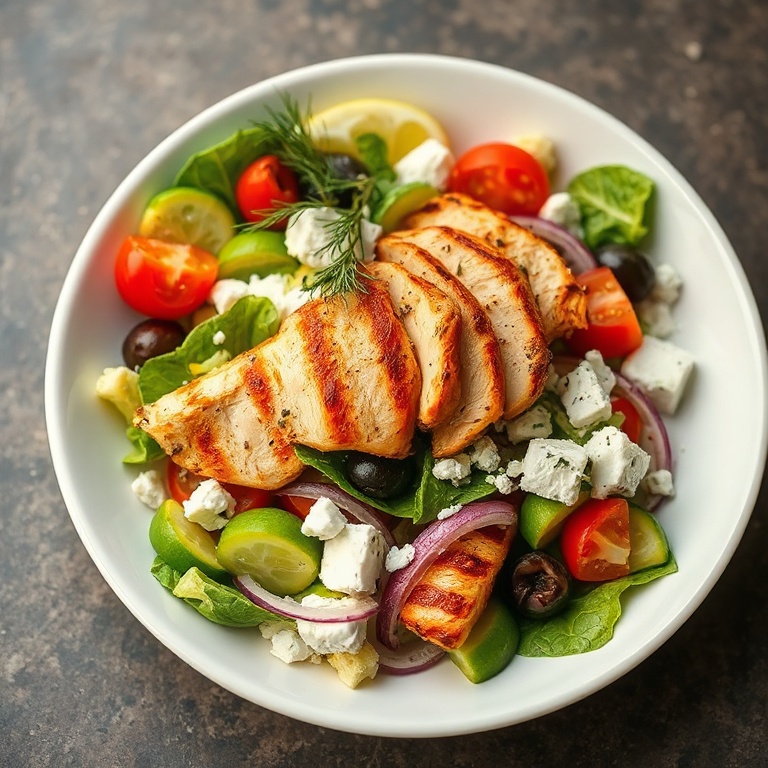 Plated fresh Greek Cobb salad with chipotle chicken in a wide white ceramic bowl, topped with lemon zest and fresh dill, side of lemon wedge