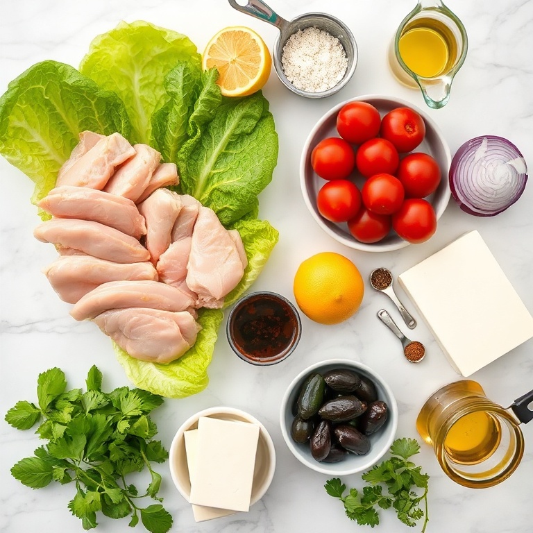 Overhead flat lay of raw ingredients: boneless chicken breast strips, romaine lettuce, cherry tomatoes, English cucumber, Kalamata olives, red onion, feta cheese, lemon, chipotle peppers in adobo, olive oil, and Greek seasoning