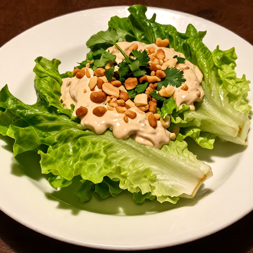Plated fresh lettuce wraps with almond dip